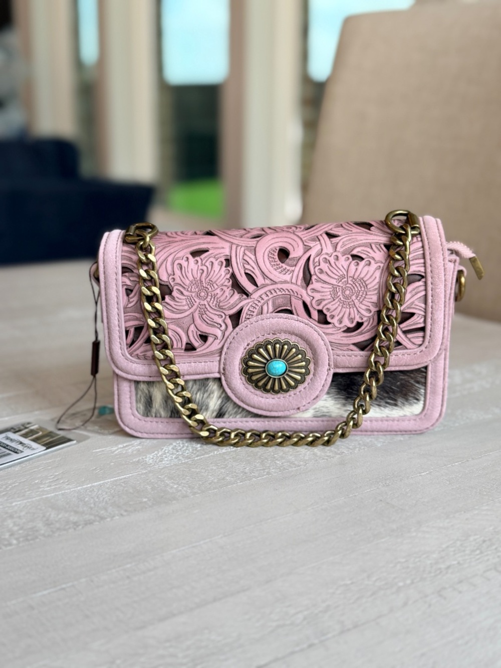 Trinity Ranch Cowhide Floral Cutout Crossbody Bag Pink